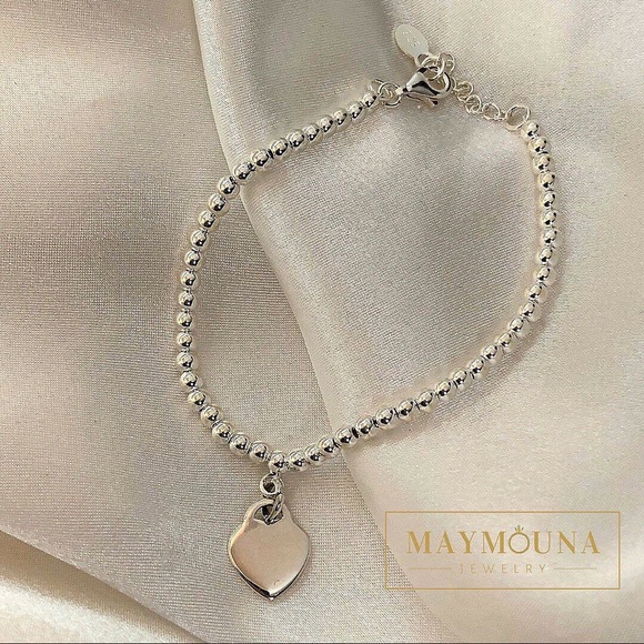 925 Sterling Silver Beaded Heart Tag Bracelet - Picture 3 of 7